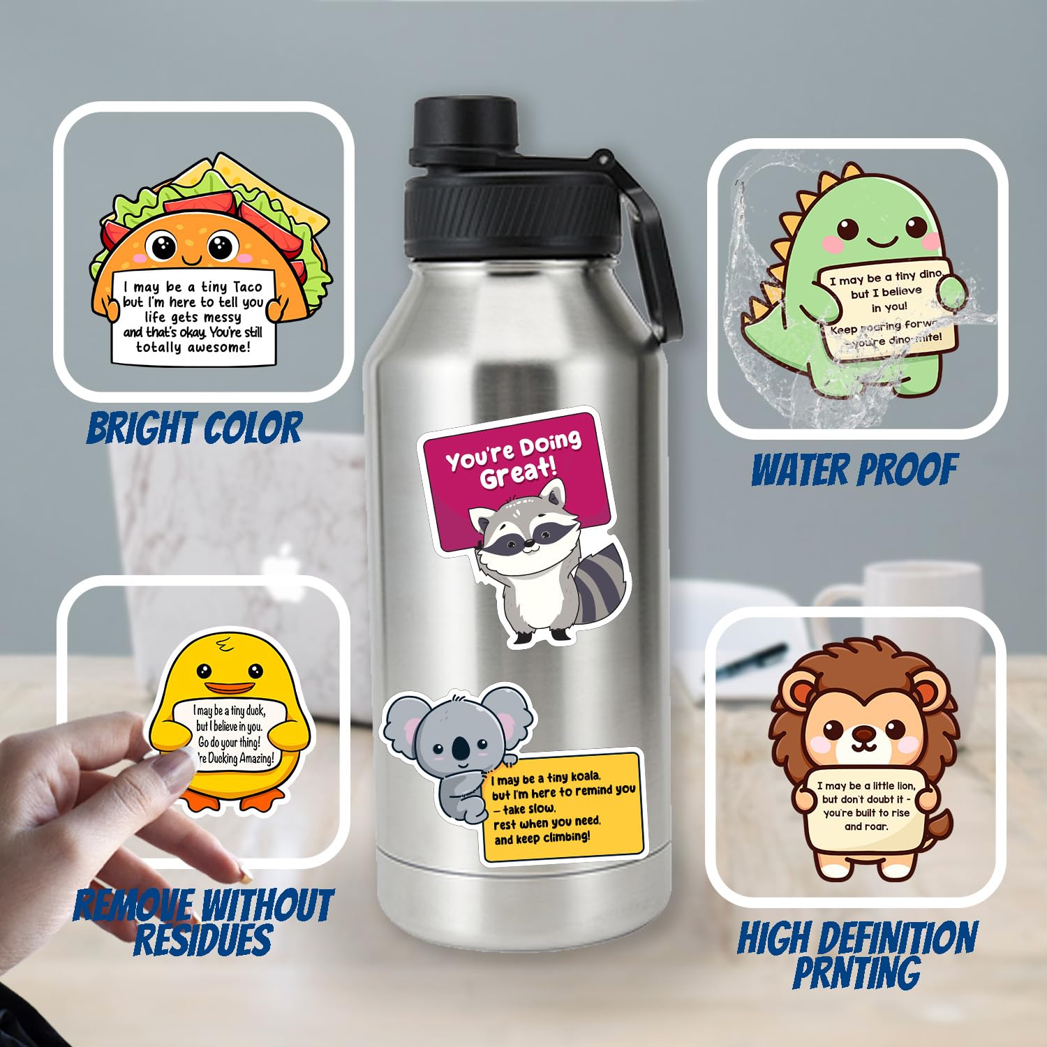 Puraesla stickers for bottles, laptops, and notebooks boost visibility and mood.