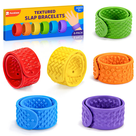 PuraEase textured slap bracelets 6-pack with rainbow textures for focus and calm.