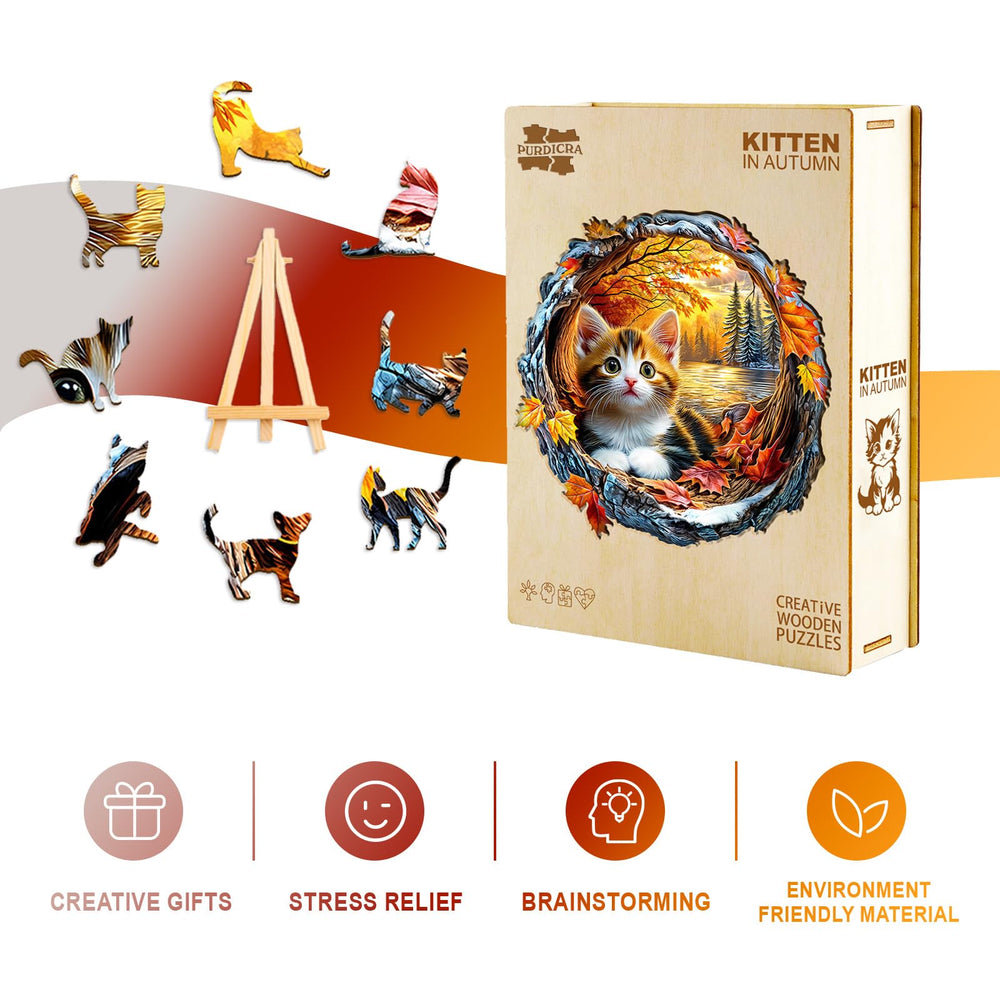 Purdicra kitten in autumn puzzle flat assembly showcases the 3D-inspired scene for display.