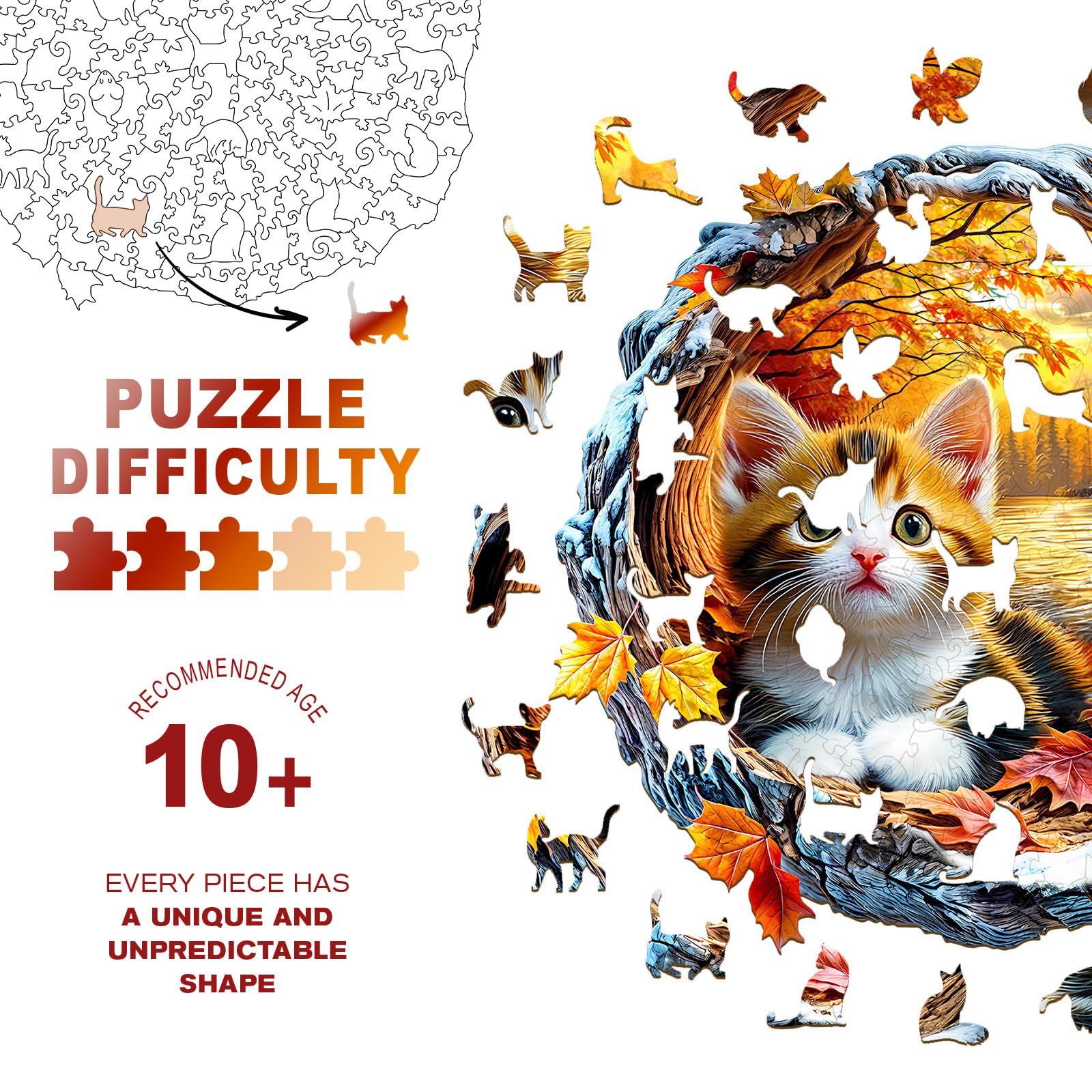 Purdicra kitten in autumn puzzle side detail highlights precise laser-cut lines for a snug fit.