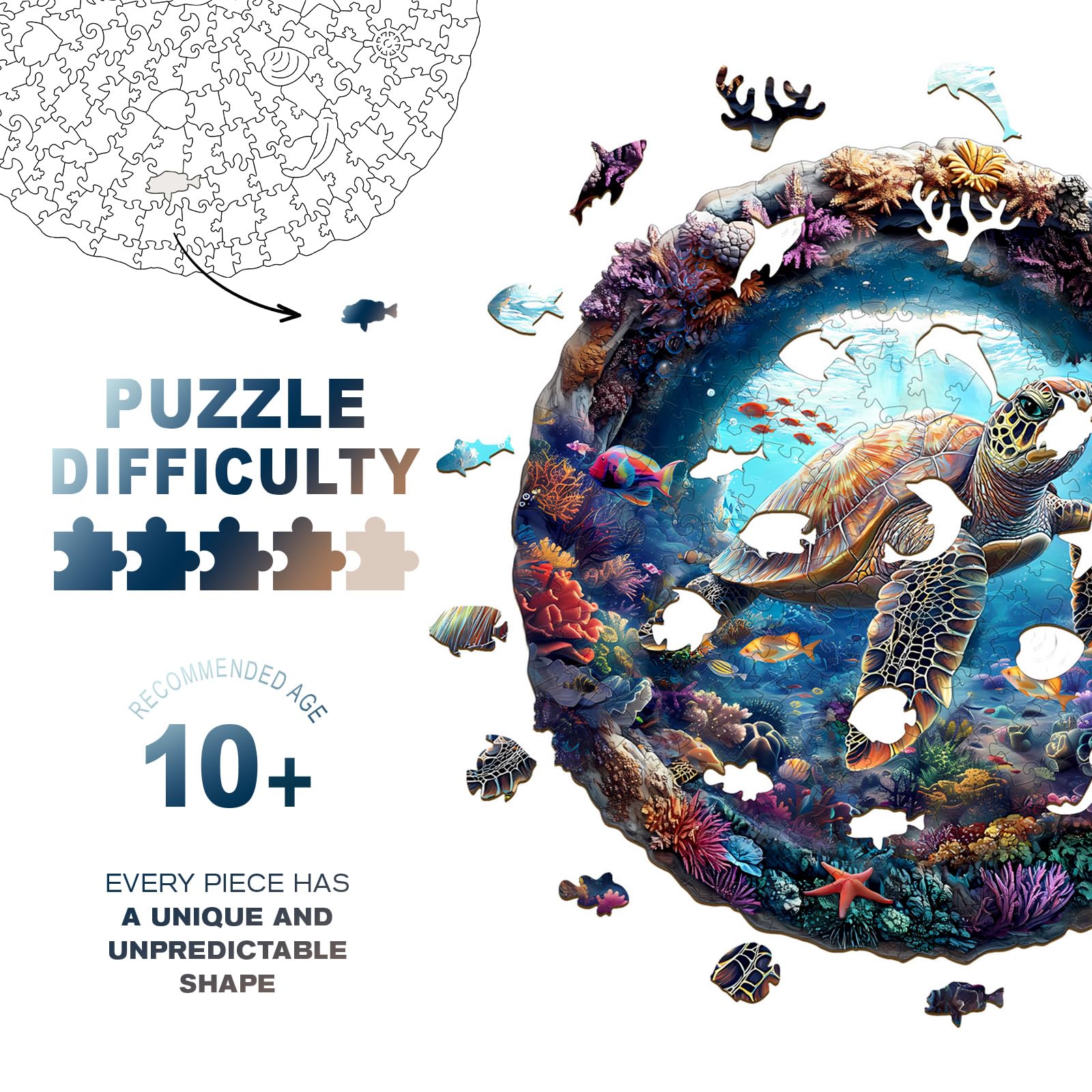 Purdicra wooden turtle puzzle pieces closeup reveals intricate laser-cut detail.