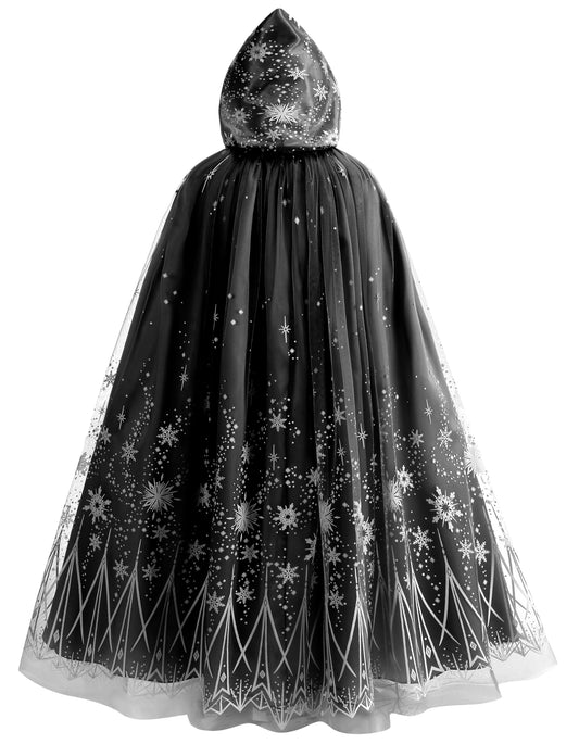Purfeel Elsa hooded cape front view with snowflake lace and soft fabric for princess dress-up