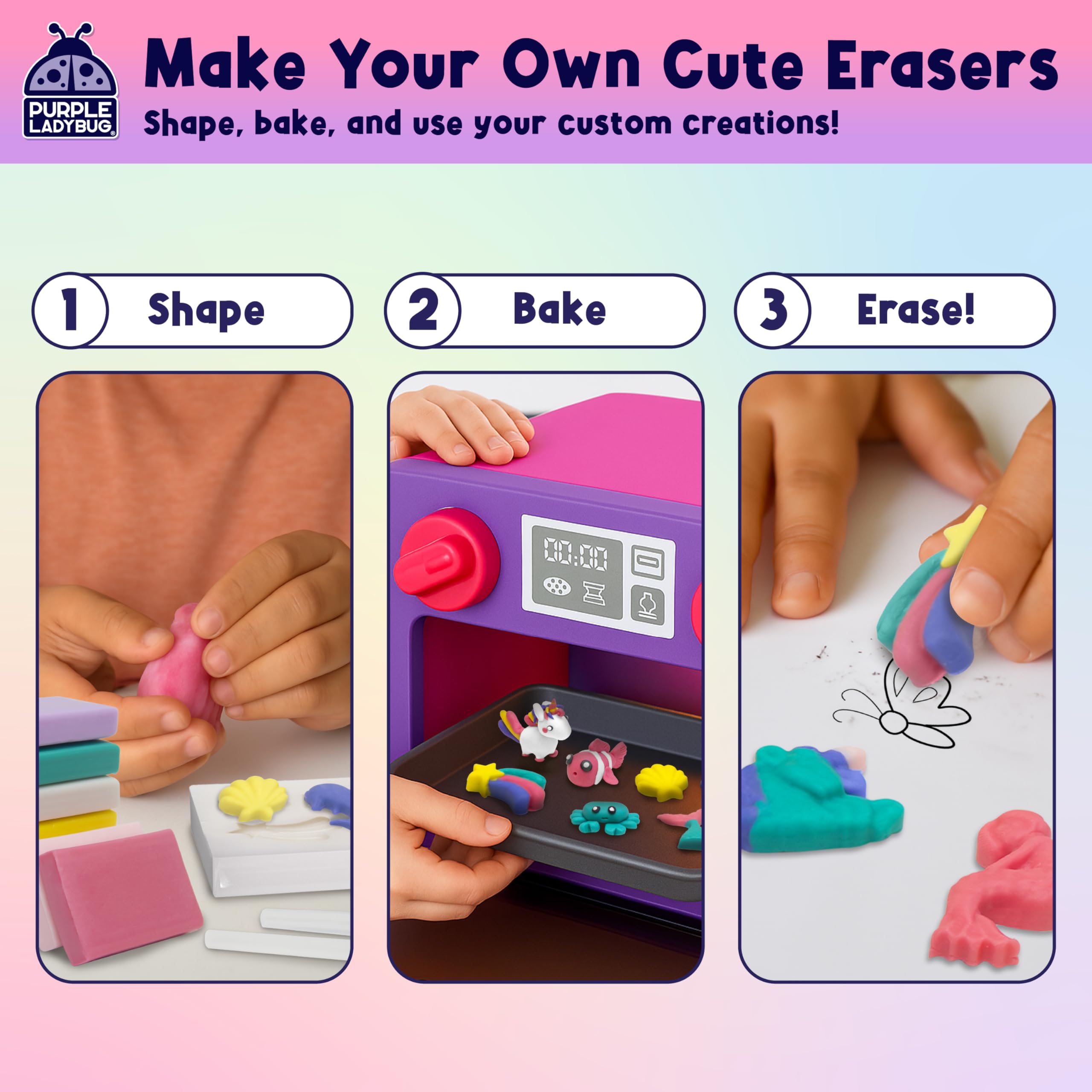 Purple Ladybug EraserLab unicorn mold enables dreamy eraser designs.