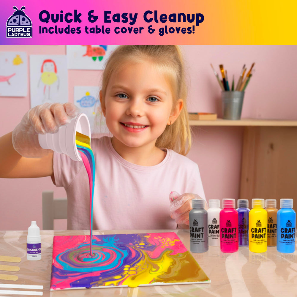PURPLE LADYBUG gloves and stir sticks keep art tidy for kids