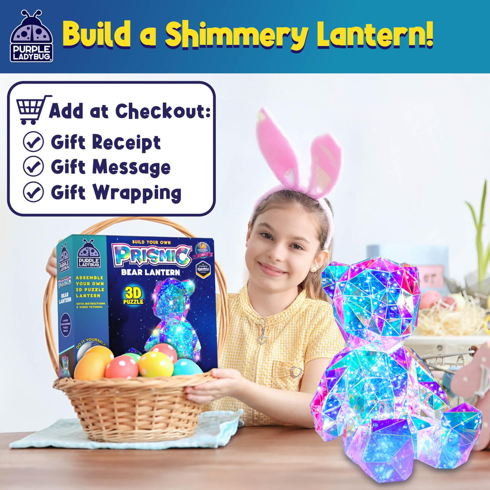 Purple Ladybug prismic 3D bear nightlight glow enhances cozy bedroom ambiance.