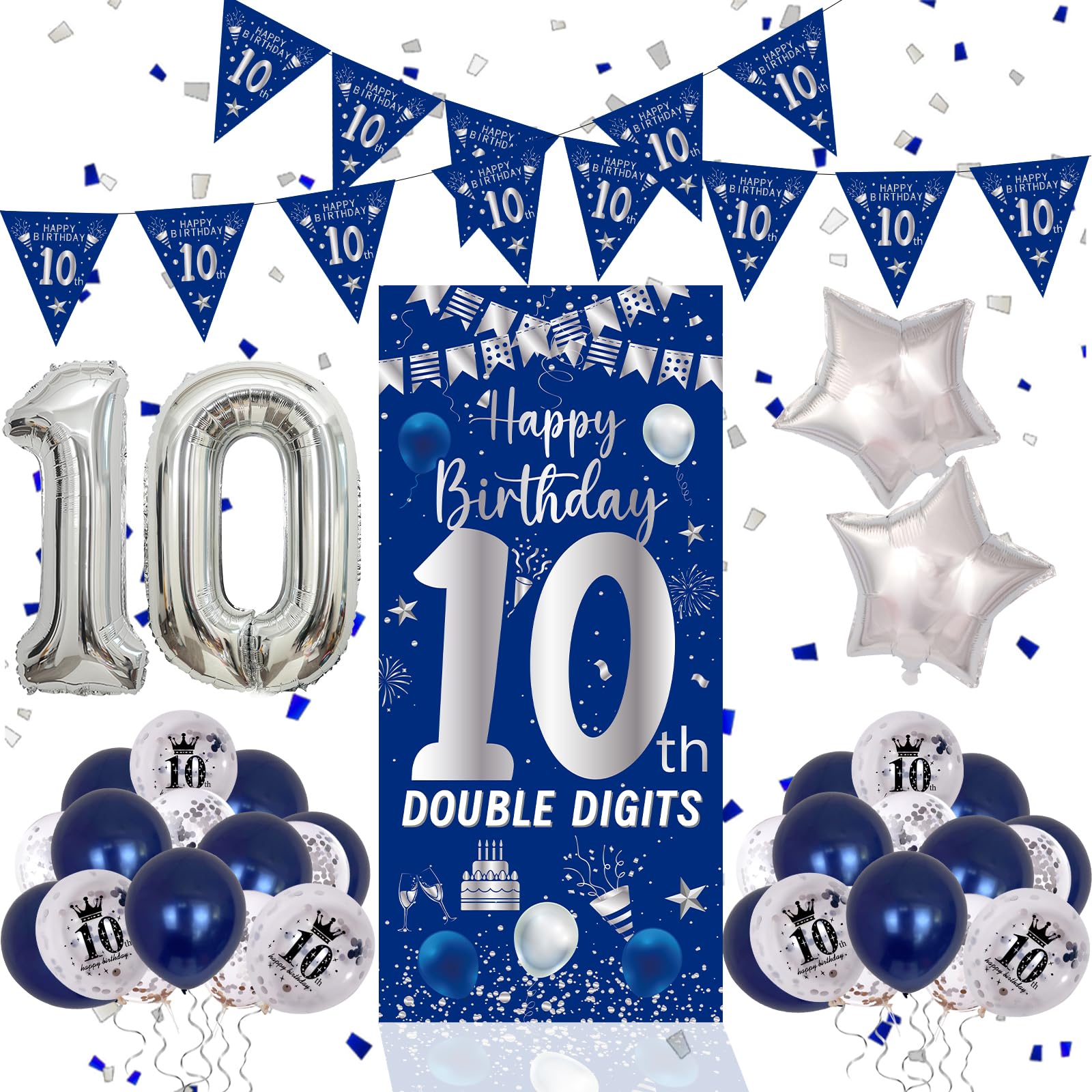 Purtarly 10th birthday door banner enhances entryways with navy blue and silver theme