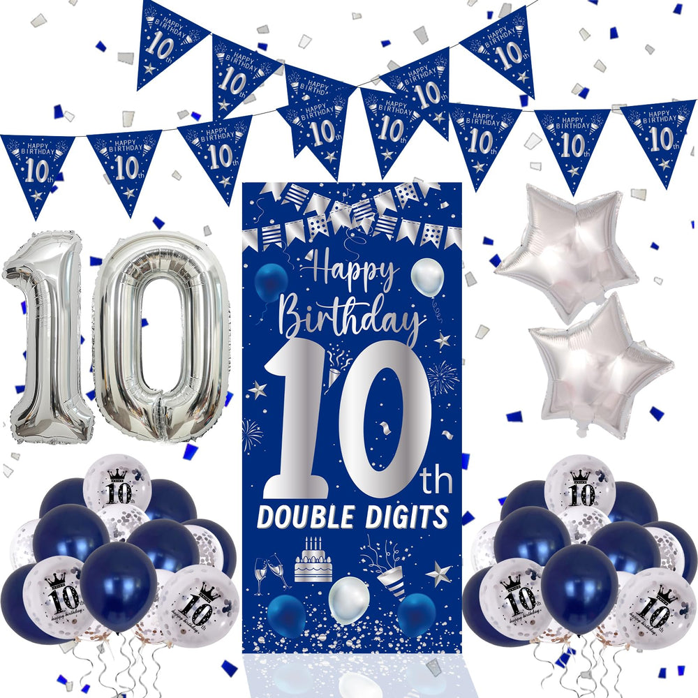 Purtarly 10th birthday door banner enhances entryways with navy blue and silver theme