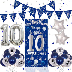 Purtarly 10th birthday door banner enhances entryways with navy blue and silver theme