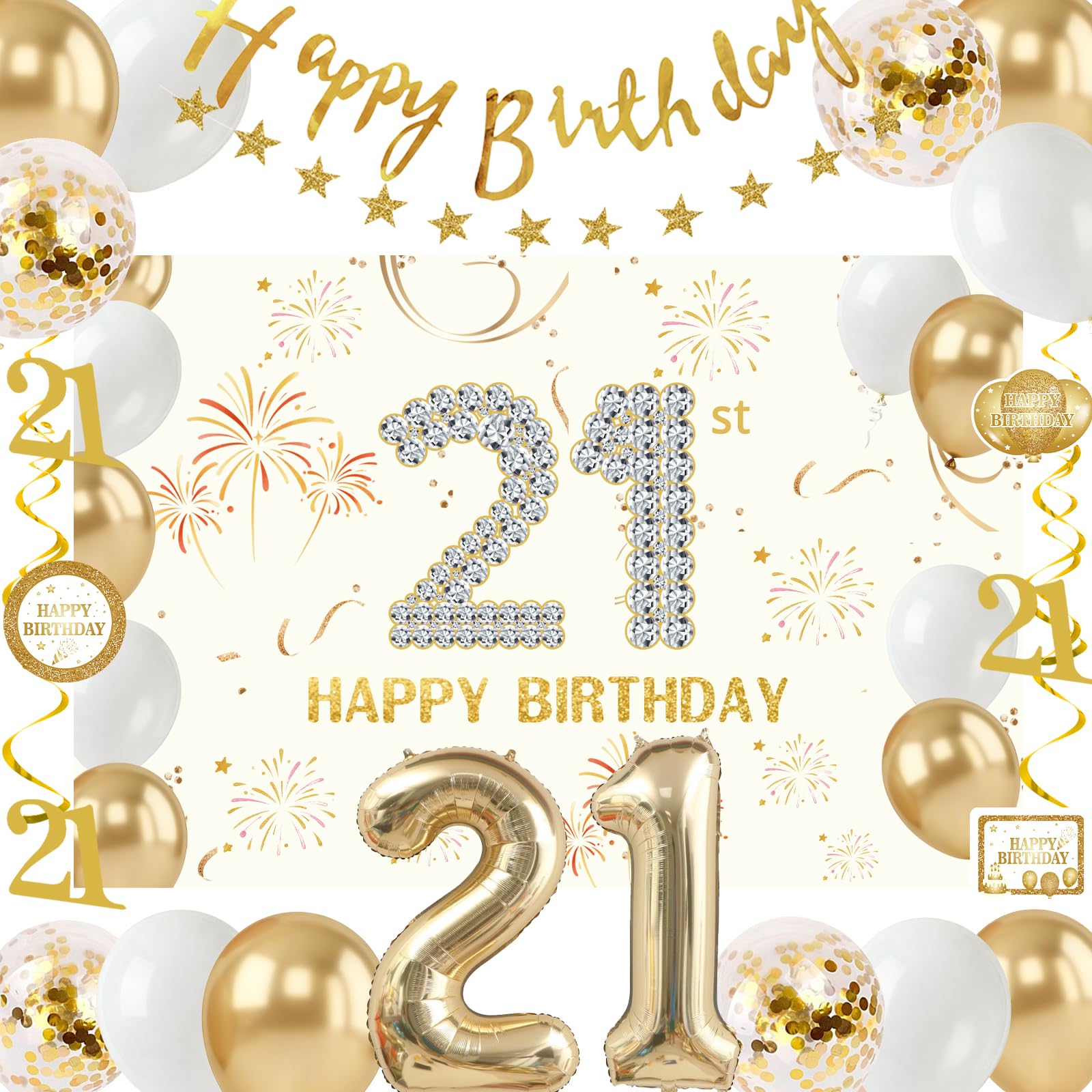 Purtarly 21st birthday banner backdrop in champagne gold, ideal for elegant photos