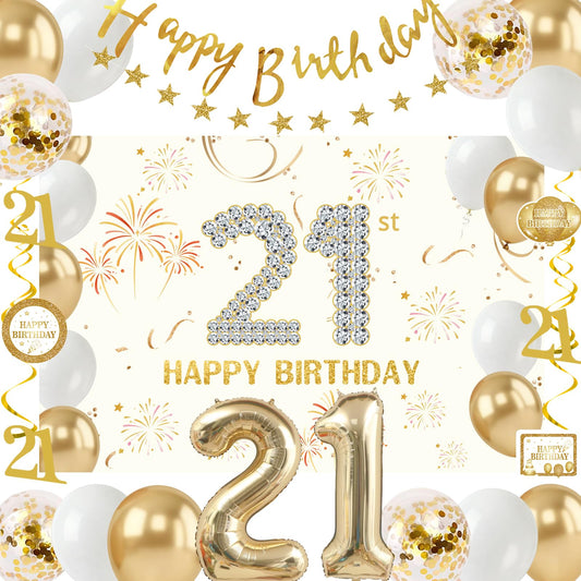 Purtarly 21st birthday banner backdrop in champagne gold, ideal for elegant photos