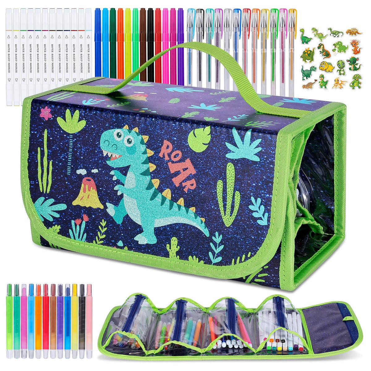 Purtarly dinosaur markers in a pencil case for portable art on the go