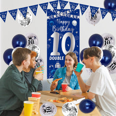 Purtarly navy blue triangle flags decorate walls and doors festively