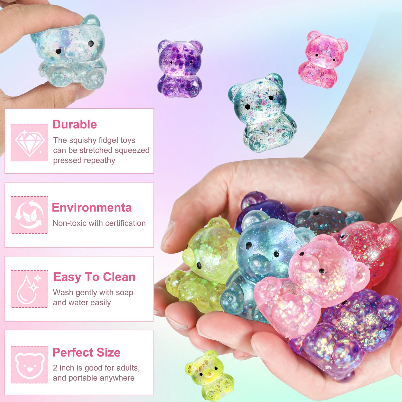 Pusotal bear squishy toy close-up highlight colorful bead-like glitter texture.