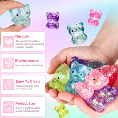 Pusotal bear squishy toy close-up highlight colorful bead-like glitter texture.