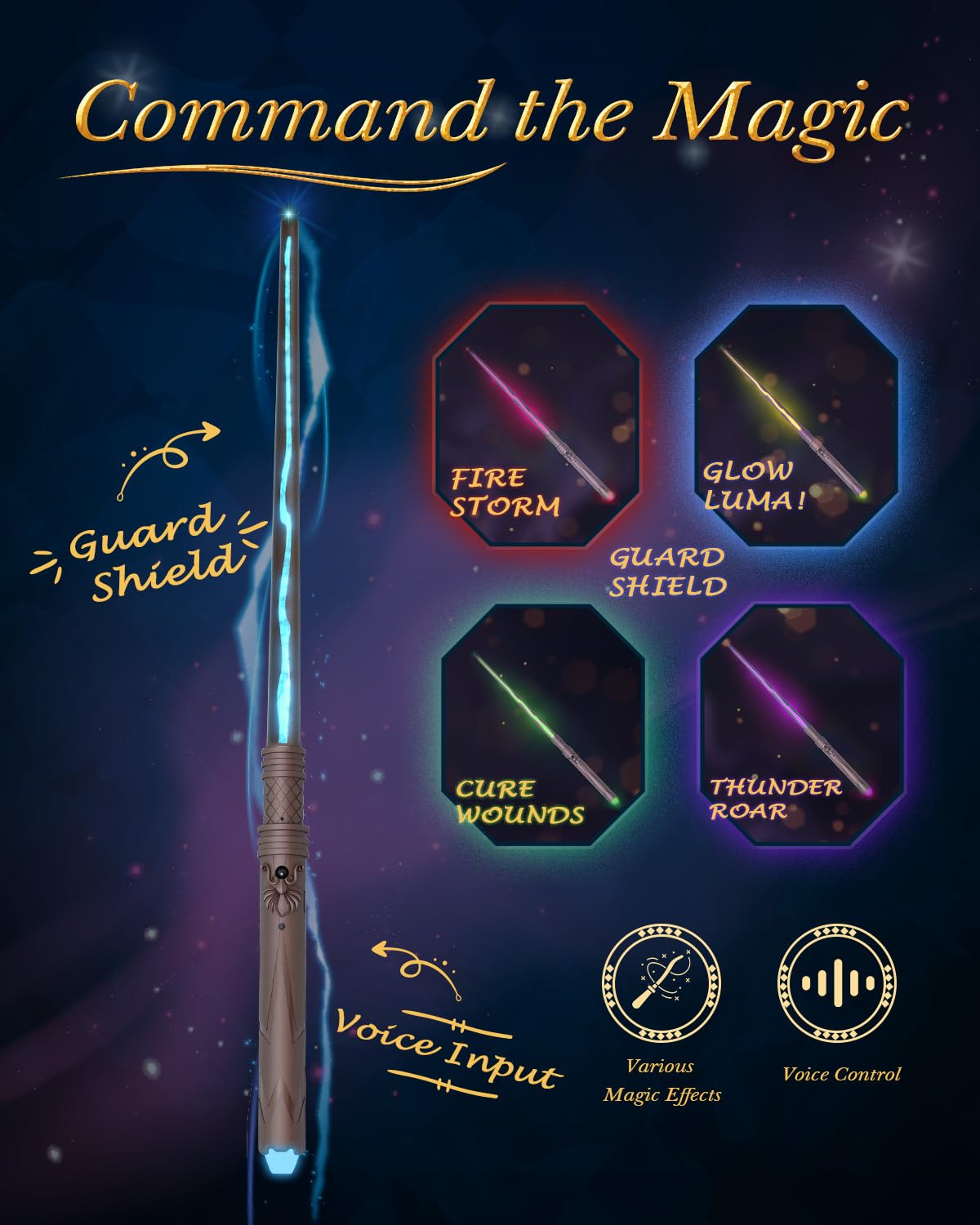 Pussan Wizard Spell Wand featuring five light effects for party ambiance