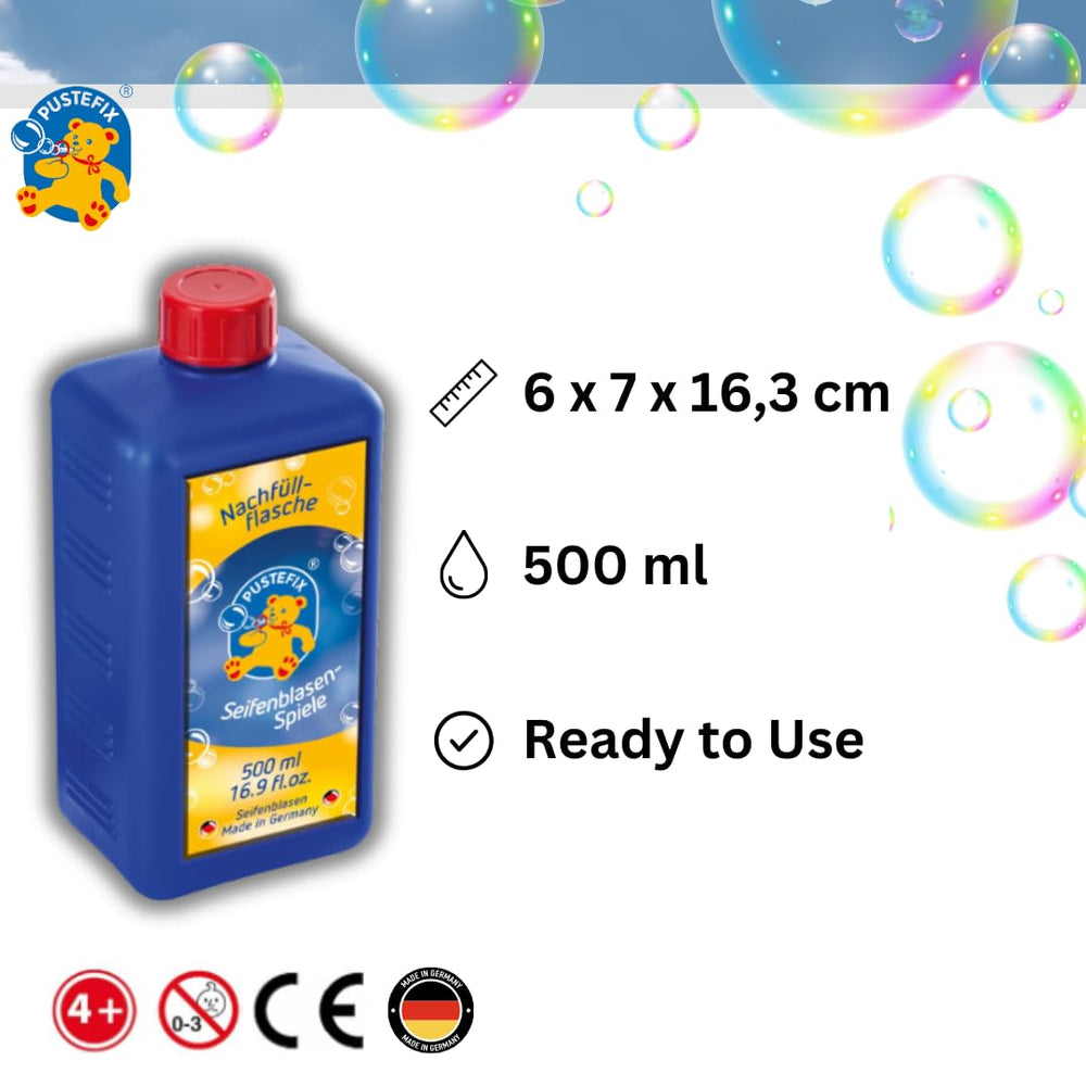 Pustefix bottle pour action, easy refills for continuous bubbles.