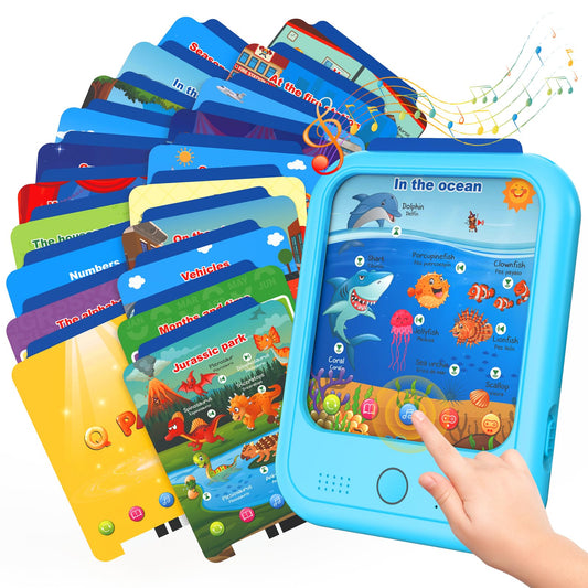 Puzcande Kids Tablet with bilingual learning cards supports early literacy and color recognition.