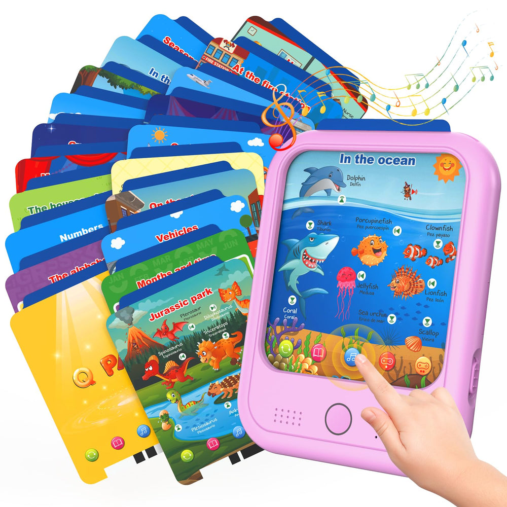 Puzcande tablet bilingual learning scene emphasizes language development with engaging cards.