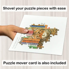 PUZZLE EZ puzzle mover card helps scoop pieces smoothly across trays.