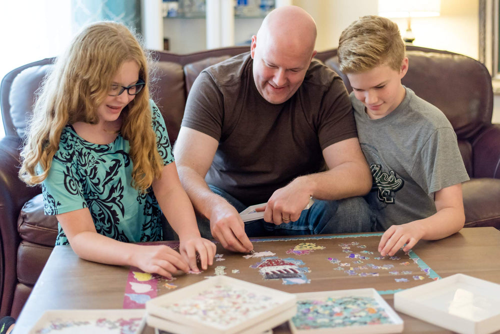 PUZZLE EZ space-saving design keeps puzzle pieces organized and accessible.