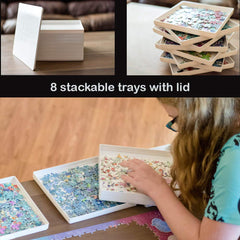 PUZZLE EZ stackable puzzle trays for compact storage and easy room organization.