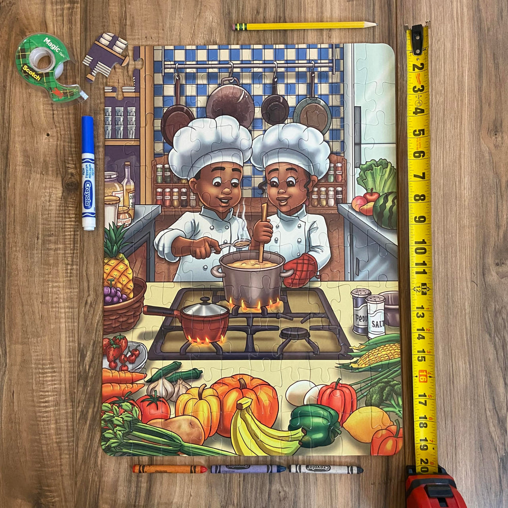 Puzzle Huddle Future Chefs 100-piece diverse characters scene showcasing multicultural representation.