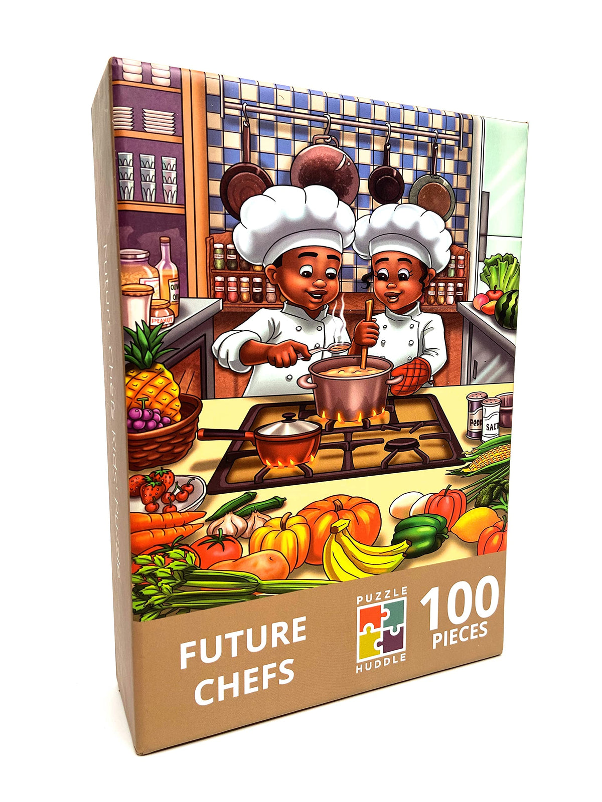 Puzzle Huddle Future Chefs 100-piece front cover with diverse kids, ideal for family play.