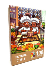 Puzzle Huddle Future Chefs 100-piece front cover with diverse kids, ideal for family play.
