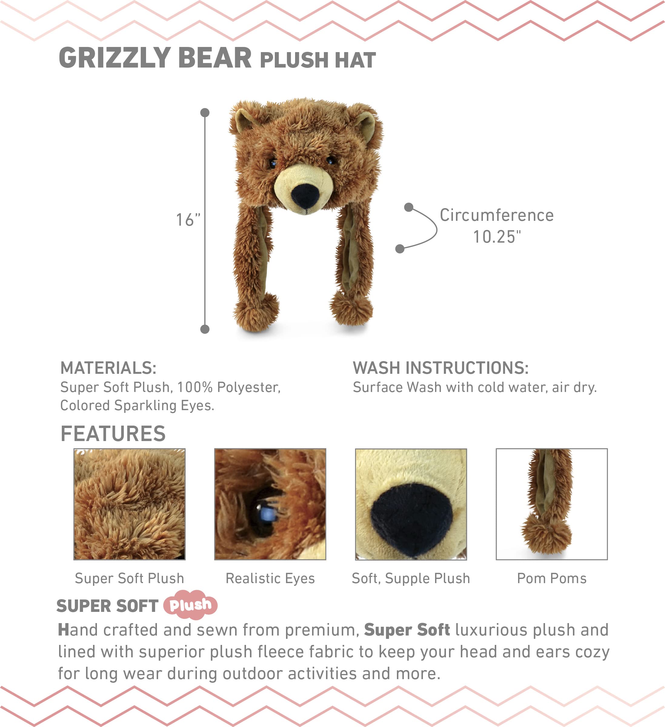 Puzzled Brown Grizzly Bear Hat ear flaps, secure warmth for outdoor adventures