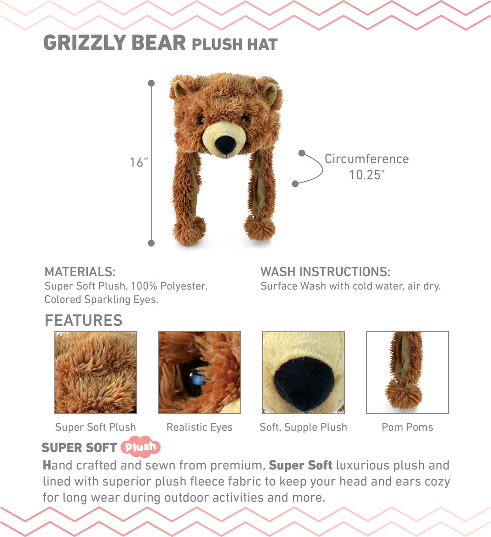 Puzzled Brown Grizzly Bear Hat ear flaps, secure warmth for outdoor adventures