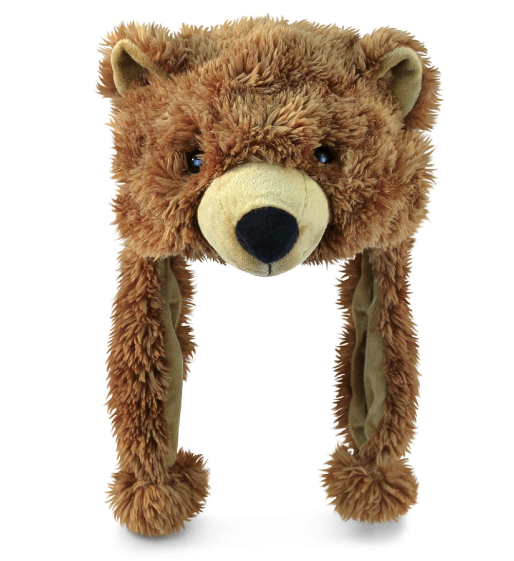 Puzzled Brown Grizzly Bear Hat front view, warm and cozy for winter outings