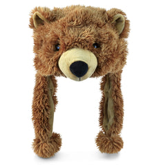 Puzzled Brown Grizzly Bear Hat front view, warm and cozy for winter outings