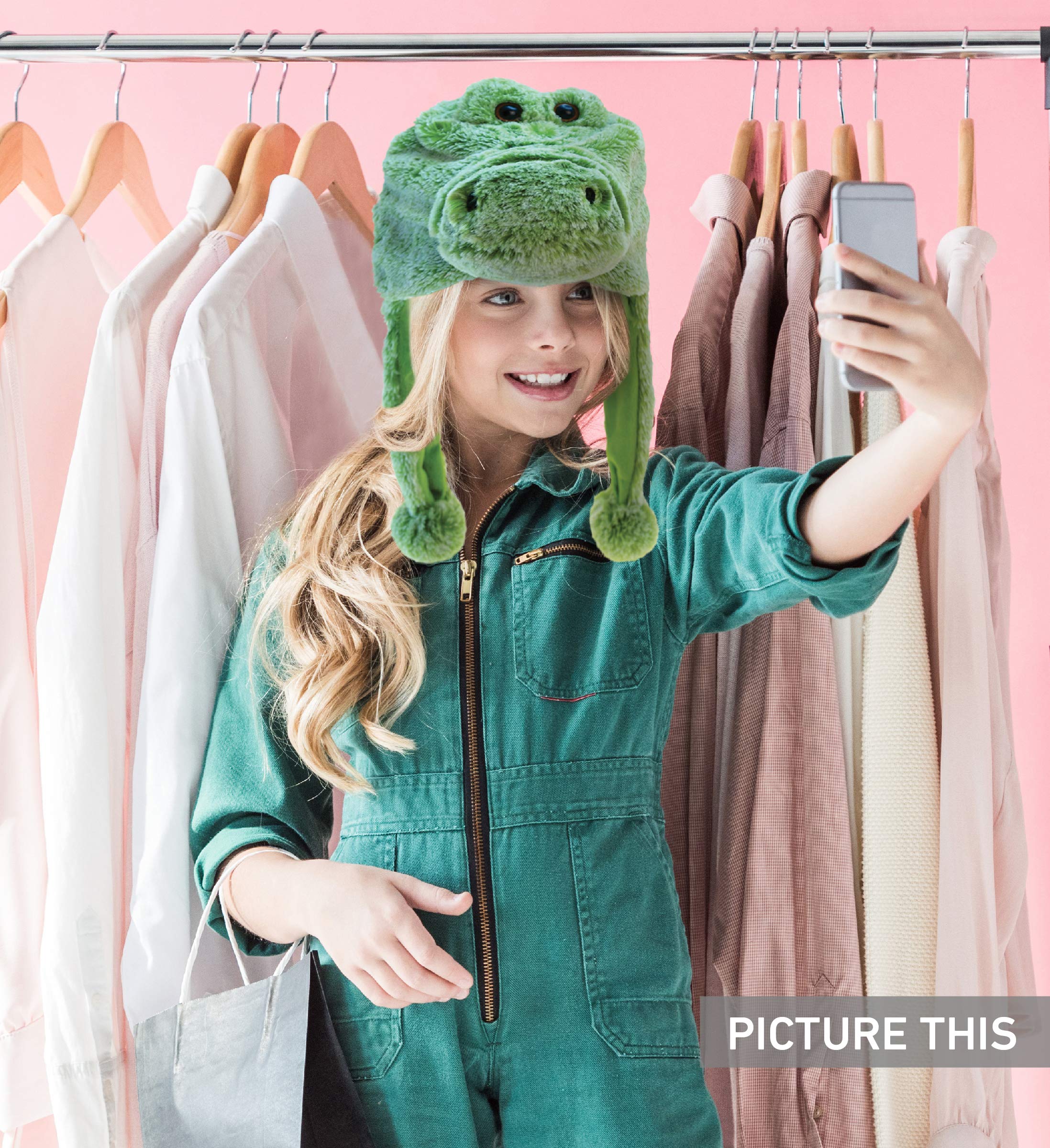 Puzzled DolliBu alligator plush hat ear flaps, extra warmth on chilly days.