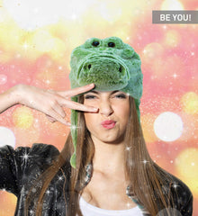 Puzzled DolliBu alligator plush hat eye detail, playful character for cosplay.