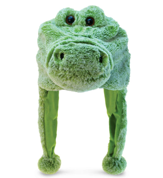 Puzzled DolliBu alligator plush hat front view, cozy warmth for kids.