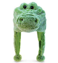 Puzzled DolliBu alligator plush hat front view, cozy warmth for kids.