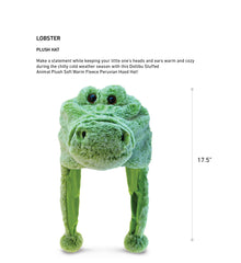Puzzled DolliBu alligator plush hat side view, ear flaps and pom-poms for warmth.