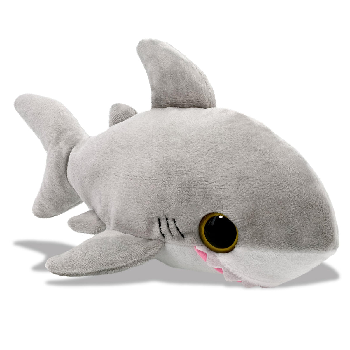 Puzzled plush shark big-eye 6in front view, ideal for cuddles and imaginative play.