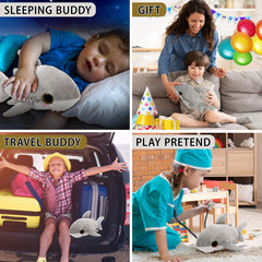 Puzzled plush shark soft fabric texture supports cozy hugs.