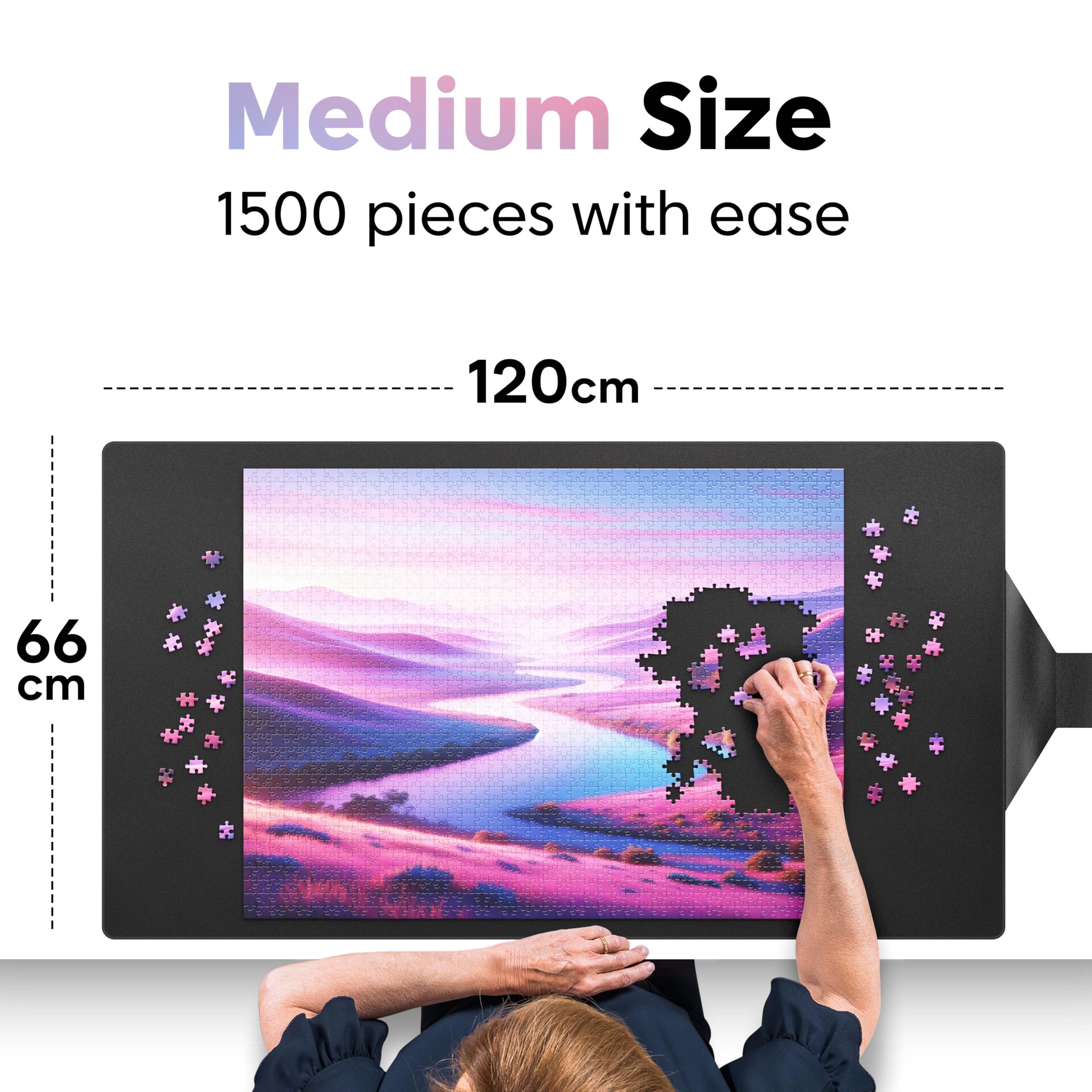 Puzzlup Luxury Puzzle Mat spread on table showing 26 by 47 inches of space.