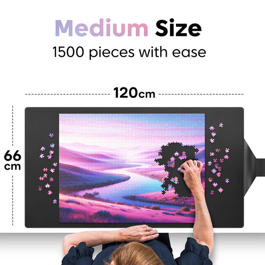 Puzzlup Luxury Puzzle Mat spread on table showing 26 by 47 inches of space.
