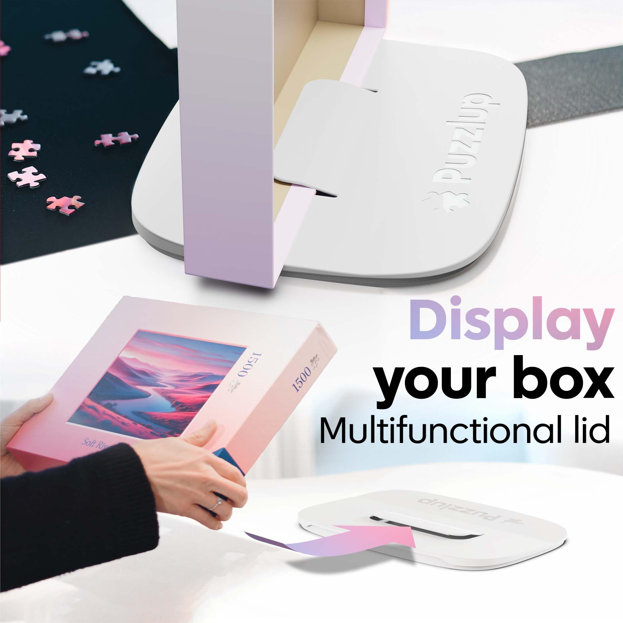 Puzzlup puzzle sorting trays lid stand display demonstrates easy box viewing during solving.