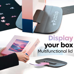 Puzzlup puzzle trays front-view with lid for easy display and storage during solving.