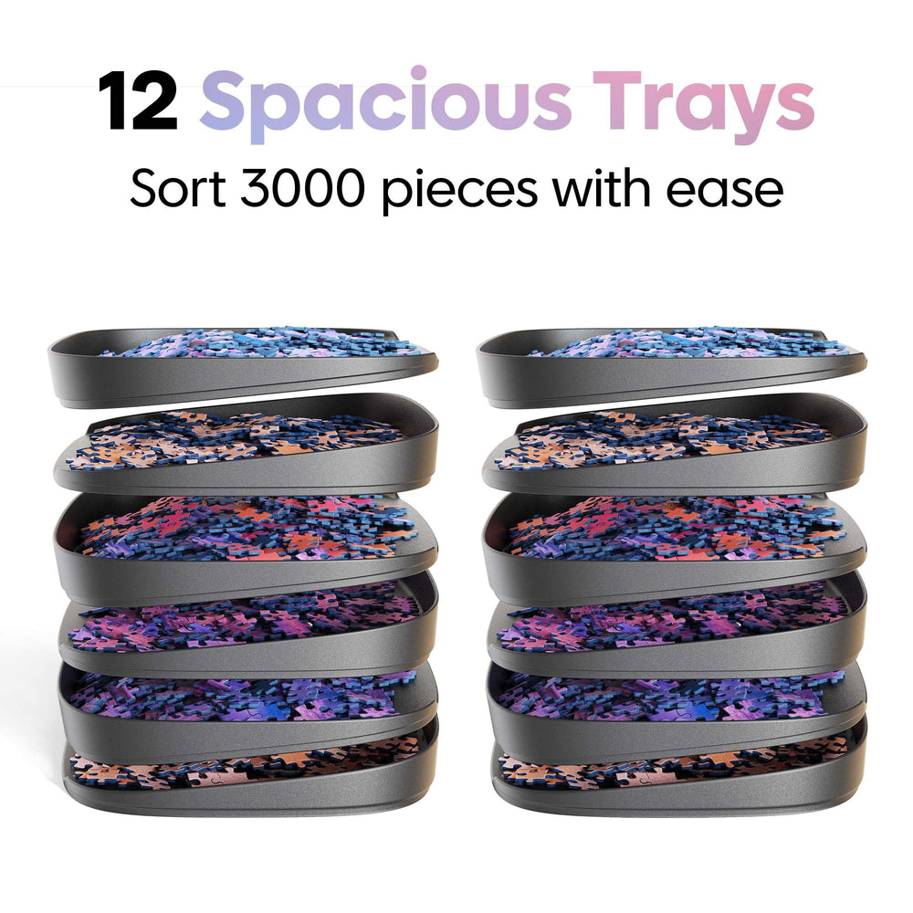 Puzzlup puzzle trays stack front-facing for focused work on a specific puzzle area.