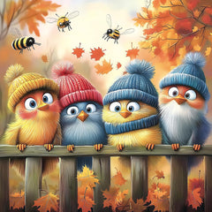 PuzzOne autumn birds puzzle with knit hats for relaxing family time.