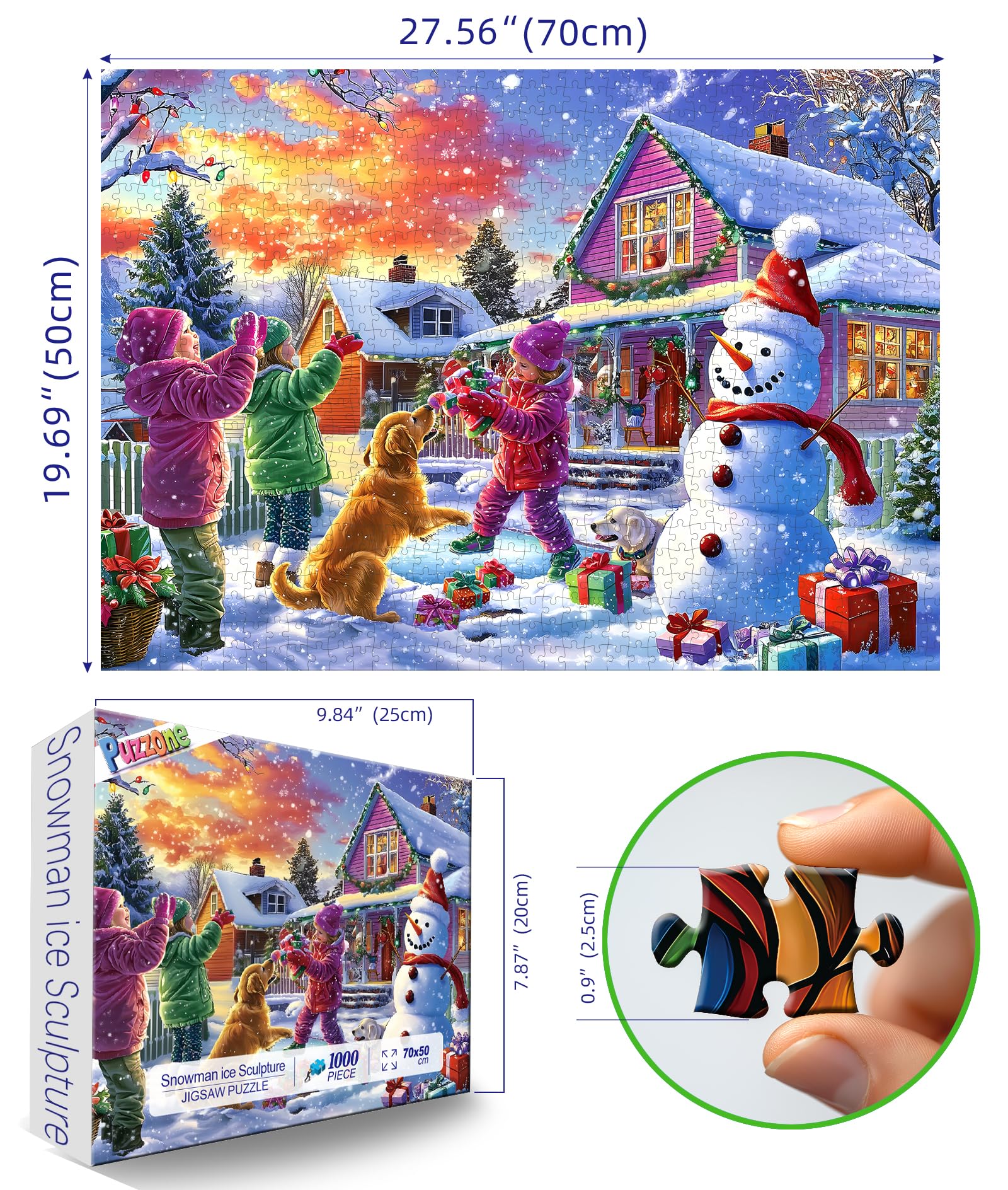PuzzOne Christmas puzzle scene with snowman family at sunset