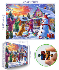 PuzzOne Christmas puzzle scene with snowman family at sunset