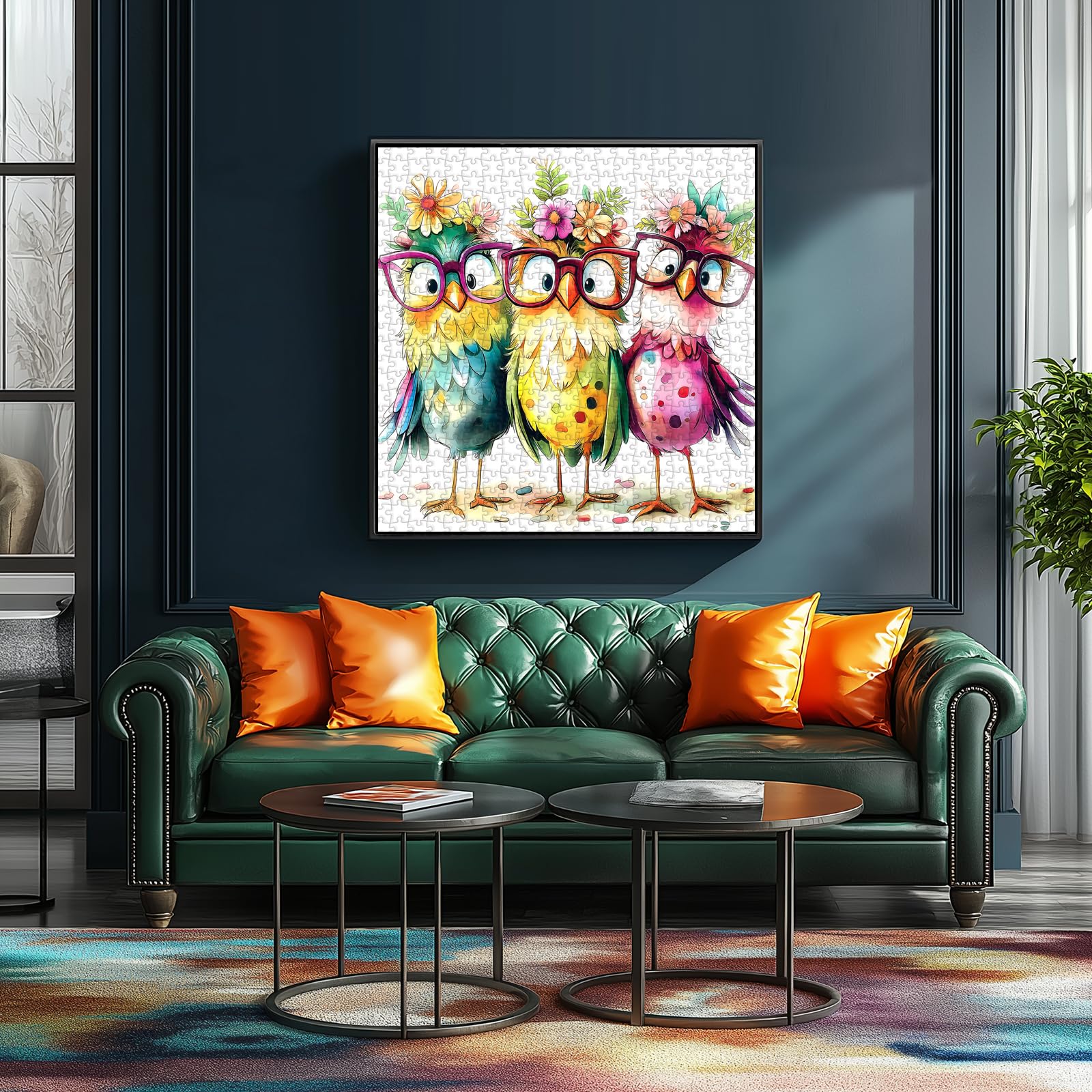 PuzzOne Colorful Owls puzzle packaging includes poster and replacement support.