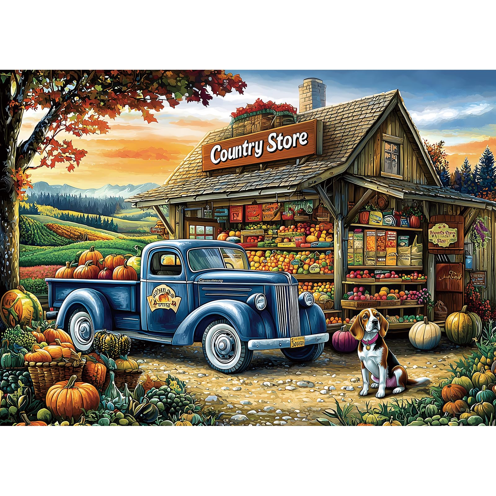 PuzzOne puzzle shows a country store truck loaded with pumpkins, ideal for calm, focused evenings.