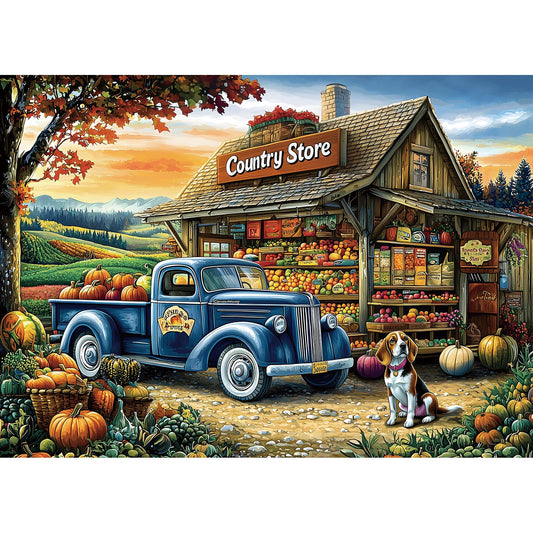 PuzzOne puzzle shows a country store truck loaded with pumpkins, ideal for calm, focused evenings.